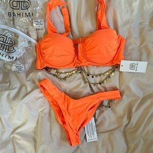 Bahimi swim - sun orange underwire bikini with gold chains size SMALL NWT